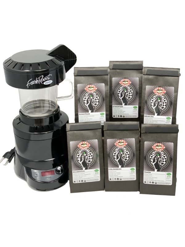 a FreshRoast SR540 next to 6 bags of unroasted coffee
