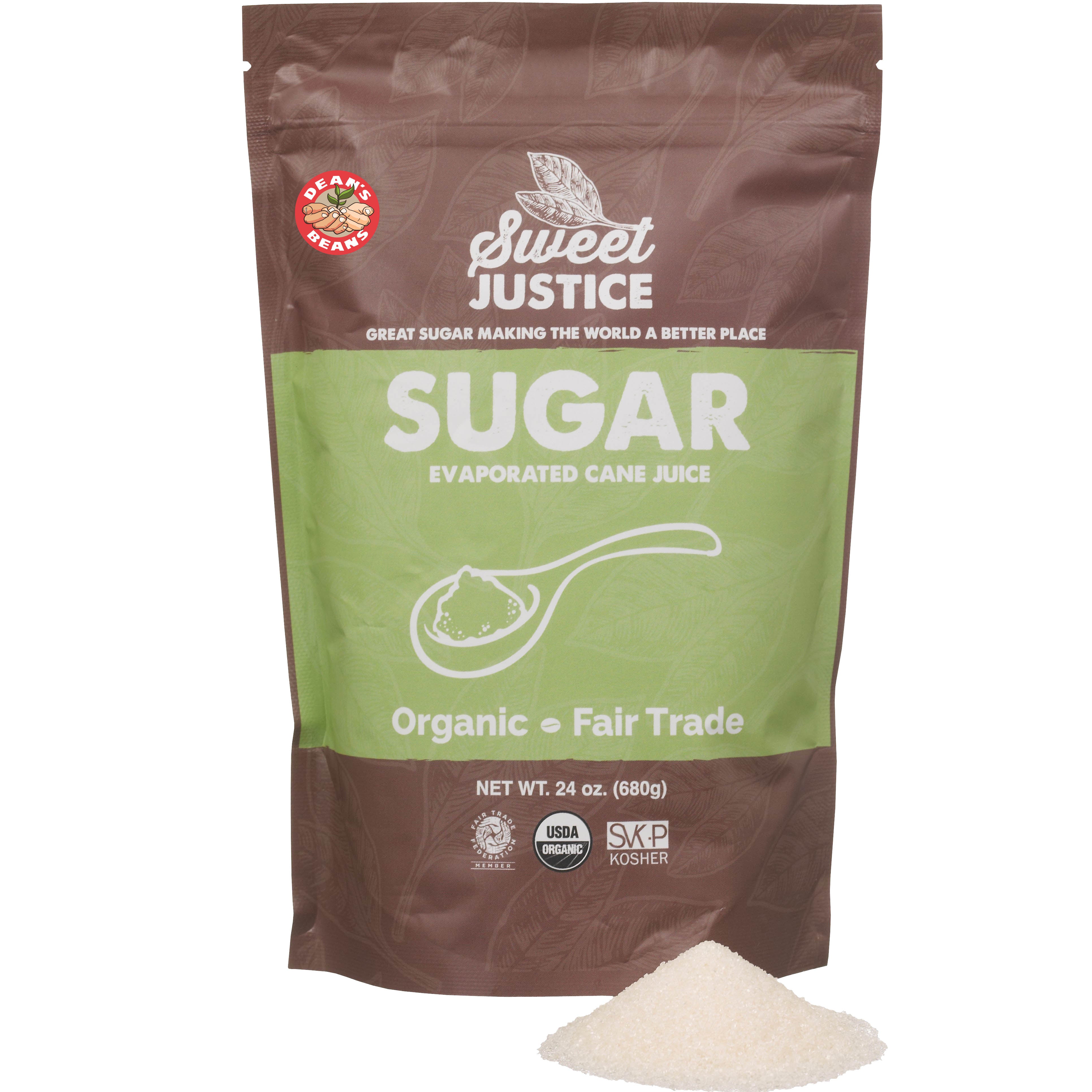 A bag of Sweet Justice Sugar, with a small pile of sugar in front