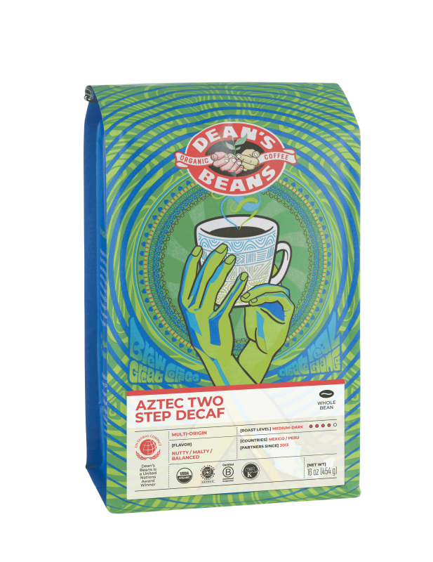 The front of a 16 ounce bag of Dean’s Bean’s Organic coffee labeled “Aztec Two Step Decaf”