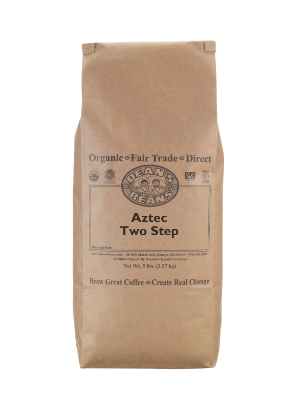 A 5 pound bag of Dean’s Bean’s Organic coffee labeled “Aztec Two Step”