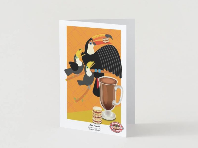 A greeting card decorated with Birds, Desserts, and Coffee