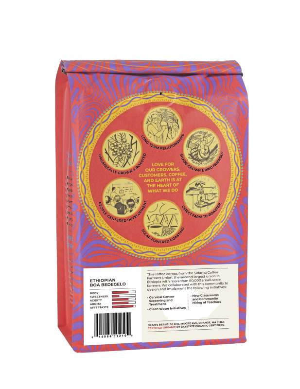 The back of a 16 ounce bag of Dean’s Bean’s Organic coffee labeled "Ethiopian Boa Bedegelo”