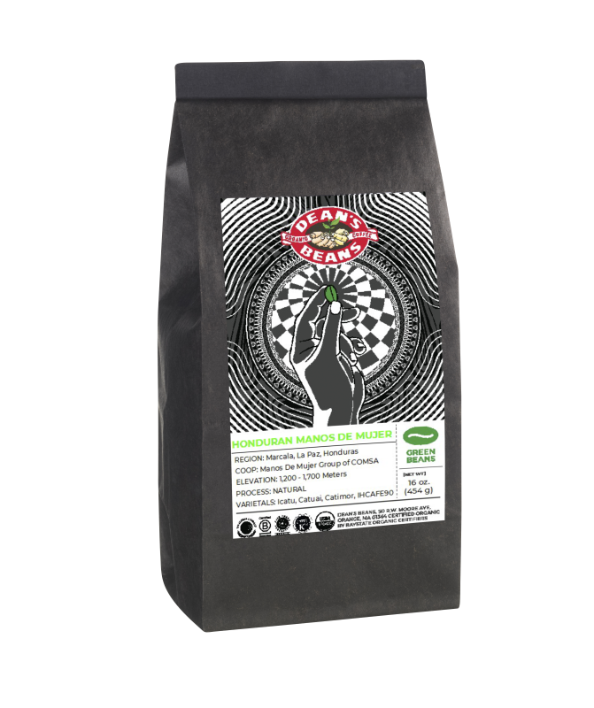 a 16oz bag of Green Manos de Mujer Natural (Unroasted) Coffee