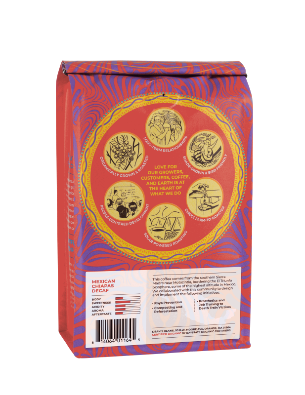 The back of a 16 ounce bag of Dean’s Bean’s Organic coffee