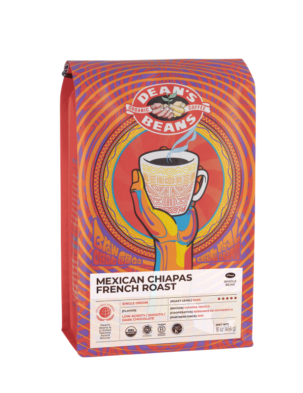 The front of a 16 ounce bag of Dean’s Bean’s Organic coffee labeled “Mexican ChiapasFrech Roast”