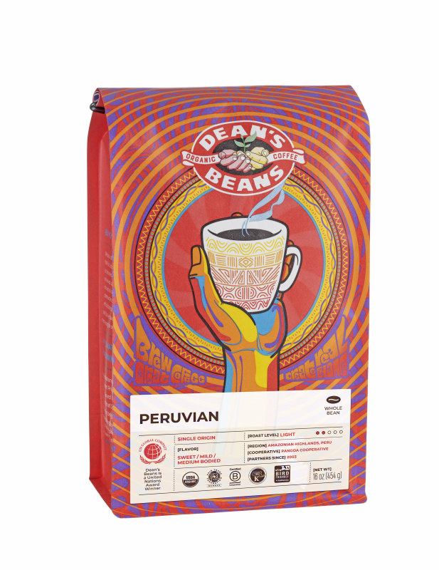 The front of a 16 ounce bag of Dean’s Bean’s Organic coffee labeled “Peruvian Carbon Neutral Coffee”