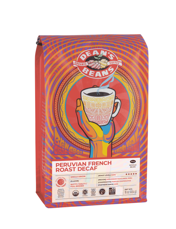 The front of a 16 ounce bag of Dean’s Bean’s Organic coffee labeled “Peruvian French Roast- Natural Water Process DECAF”