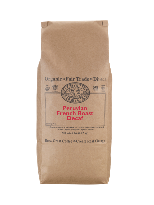 A 5 pound bag of Dean’s Bean’s Organic coffee labeled “Peruvian French Roast- Natural Water Process DECAF”