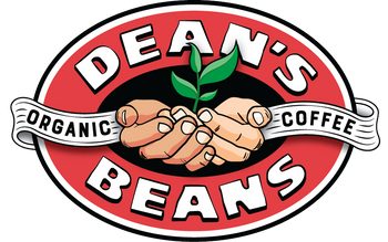 The Dean's Beans logo: two hands in the center with a seedling growing out of them