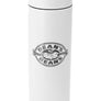 A tall, white MiiR travel mug with a screw on flip top and engraved with the Dean's Beans logo