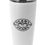 A white MiiR travel mug etched with the Dean's Beans logo