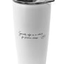 The opposite side of a white MiiR travel mug etched with "Specialty coffee as a vehicle for positive change." and Dean's signature bean
