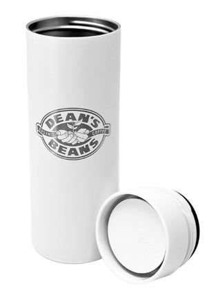 A tall, white MiiR travel mug, engraved with the Dean's Beans logo, with the top off