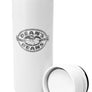 A tall, white MiiR travel mug, engraved with the Dean's Beans logo, with the top off