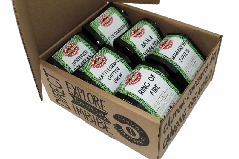 a sampler box with a hinged lid and shows 6 one pound bags of coffee