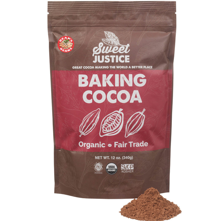 A bag of Sweet Justice Baking Cocoa, with a small pile of cocoa in front