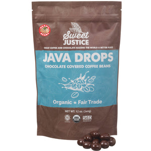 A bag of Java Drops, with a small pile of java drops in front