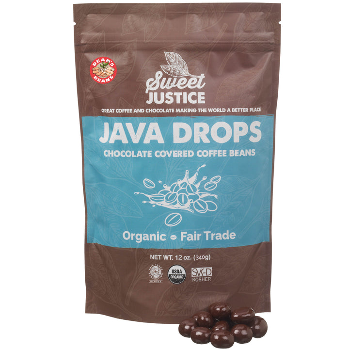 A bag of Java Drops, with a small pile of java drops in front