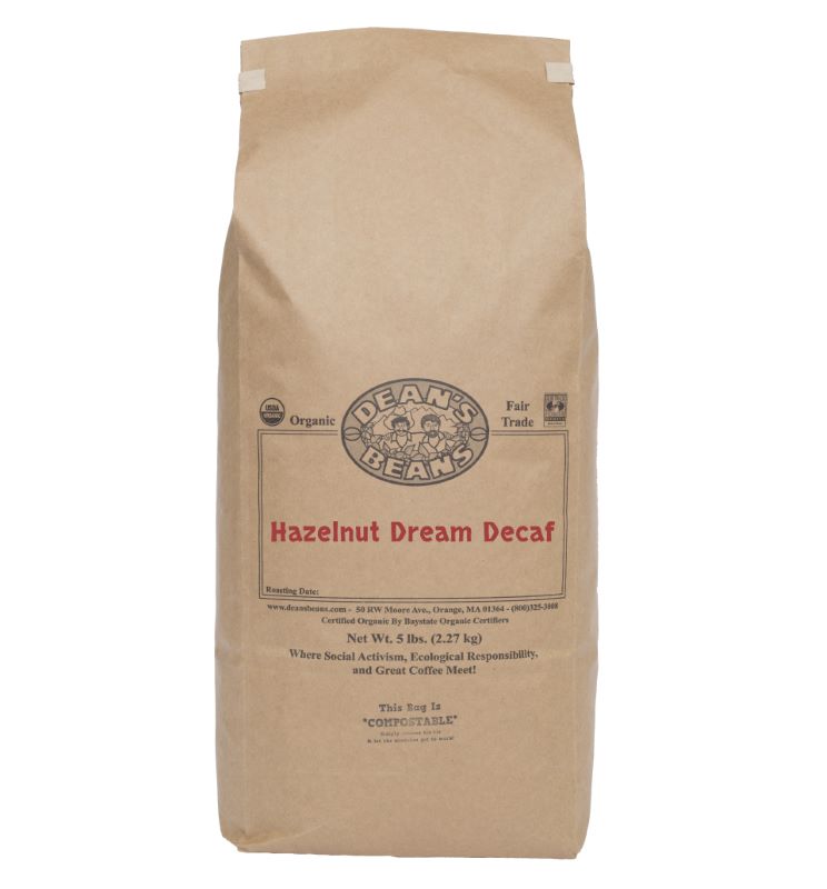 a 5 pound bag of Dean’s Bean’s Organic coffee labeled “Hazelnut Dream Decaf”