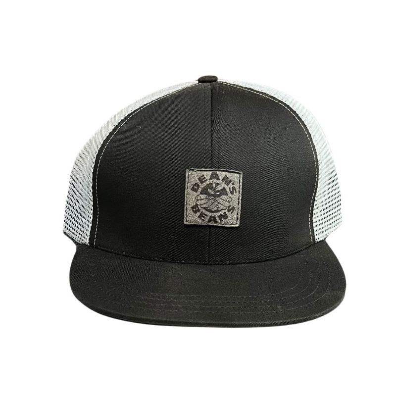a black trucker hat with a gray patch featuring the dean's beans logo