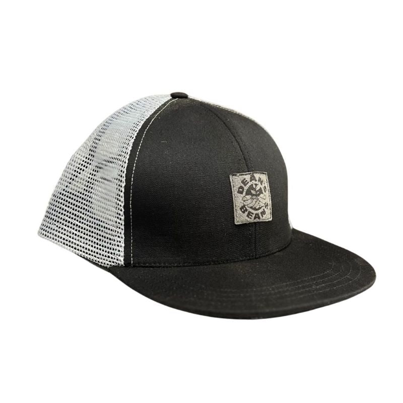 a black trucker hat with a gray patch featuring the dean's beans logo