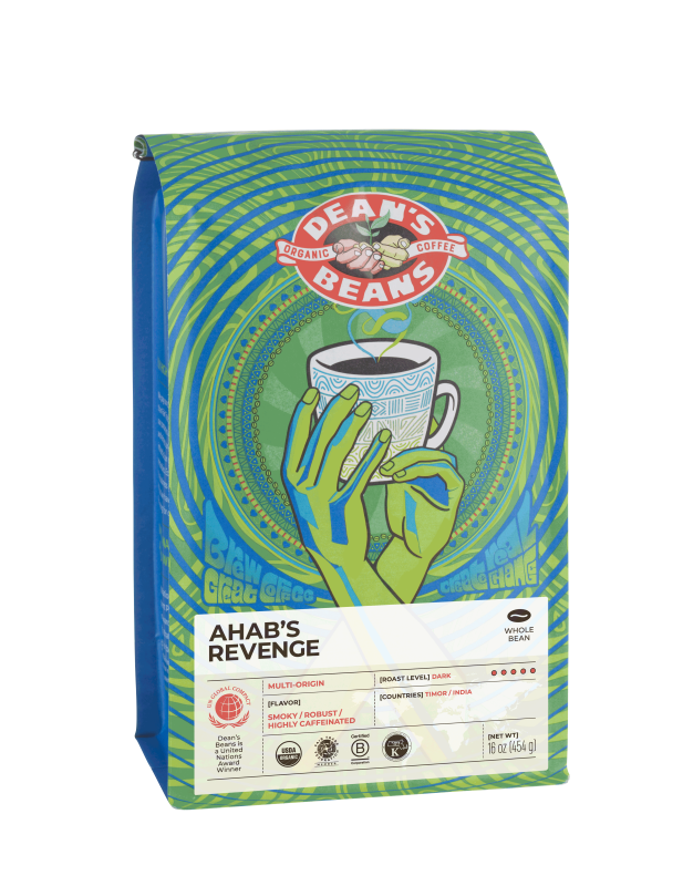 The front of a 16 ounce bag of Dean’s Bean’s Organic coffee labeled “Ahab's Revenge”