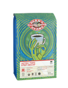 The front of a 16 ounce bag of Dean’s Bean’s Organic coffee labeled “Aztec Two Step Decaf”