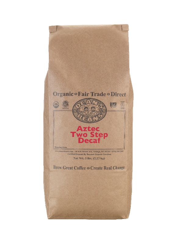 A 5 pound bag of Dean’s Bean’s Organic coffee labeled “Aztec Two Step Decaf”