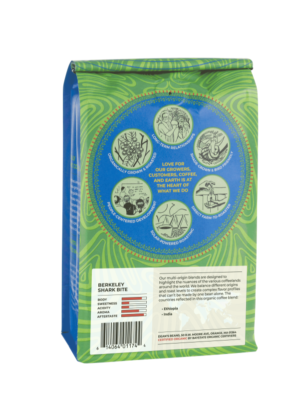 The back of a 16 ounce bag of Dean’s Bean’s Organic coffee 