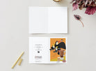 A greeting card  decorated with Birds, Desserts, and Coffee. the interior is blank