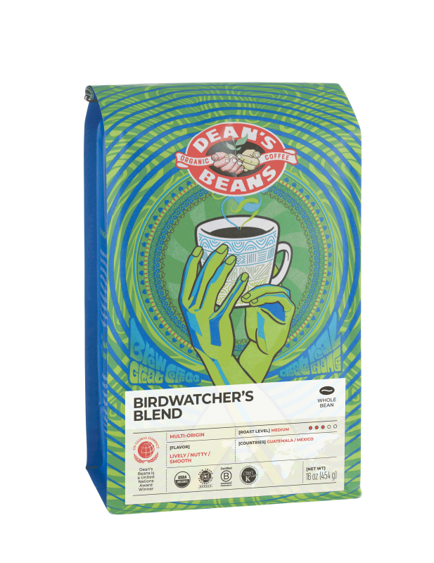 The front of a 16 ounce bag of Dean’s Bean’s Organic coffee labeled “The Birdwatcher's Blend”