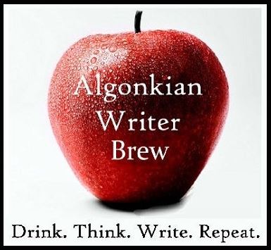 A sweaty apple on a black background with overlaid text that reads "Algonkian Writer Brew: Drink. Think. Write. Repeat."