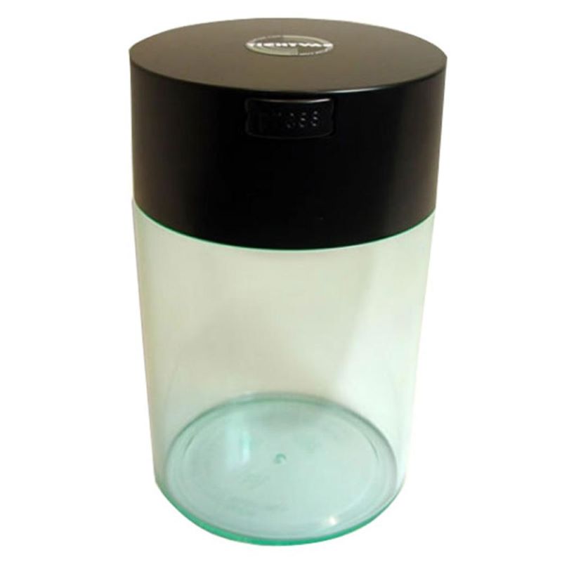 a clear plastic container with a black lid