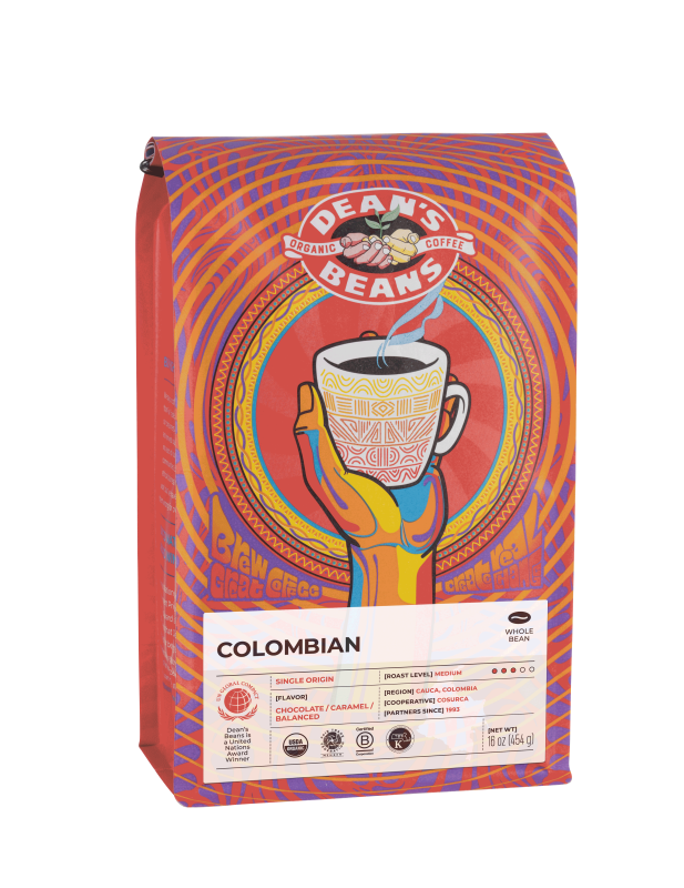 The front of a 16 ounce bag of Dean’s Bean’s Organic coffee labeled “Colombian”