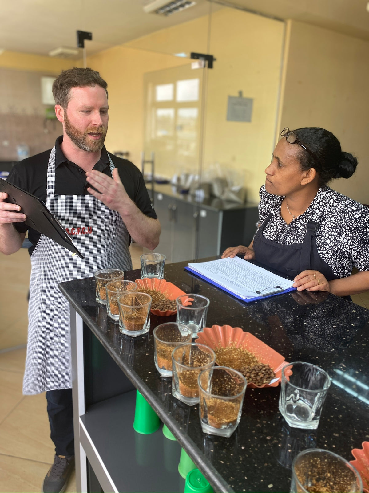 Our head roaster marvels at a cupping lab in Ethiopia