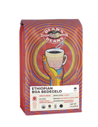 The front of a 16 ounce bag of Dean’s Bean’s Organic coffee labeled "Ethiopian Boa Bedegelo”