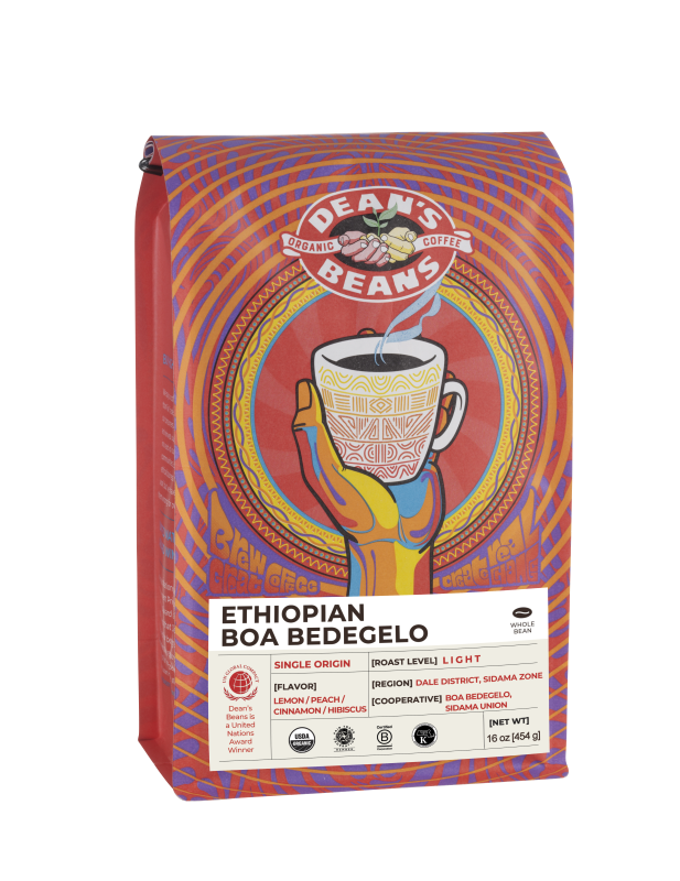 The front of a 16 ounce bag of Dean’s Bean’s Organic coffee labeled "Ethiopian Boa Bedegelo”