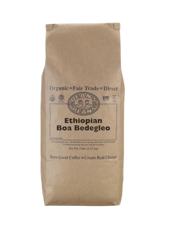 A 5 pound bag of Dean’s Bean’s Organic coffee labeled “Ethiopian Boa Bedegelo”