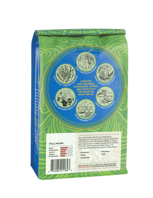 The back of a 16 ounce bag of Dean’s Bean’s Organic coffee 