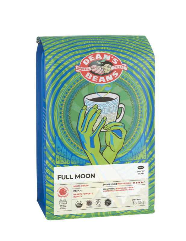 The front of a 16 ounce bag of Dean’s Bean’s Organic coffee labeled “Full Moon”