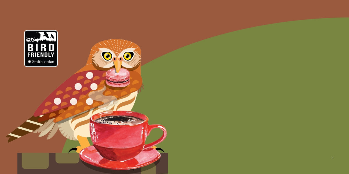 An illustrated owl holding a macaroon with a painted cup of coffee.  Beside it is the Smithsonian Bird Friendly logo. 