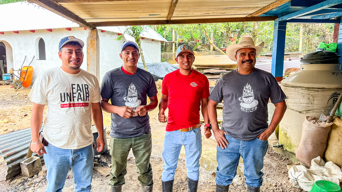 four coffee coffee farmers in Dean's Beans T-shirts