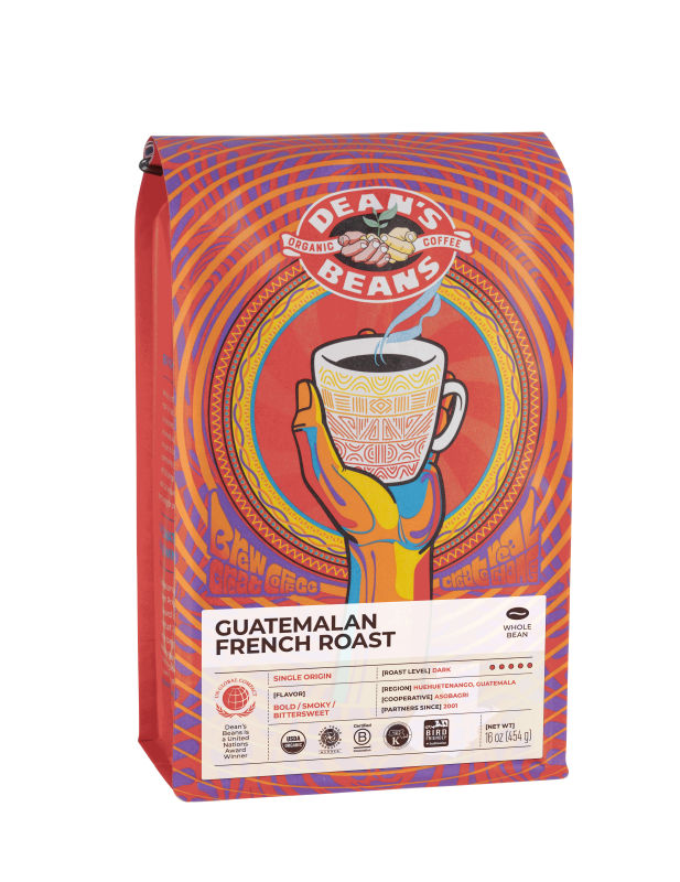 The front of a 16 ounce bag of Dean’s Bean’s Organic coffee labeled “Guatemalan French Roast”