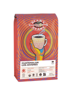 The front of a 16 ounce bag of Dean’s Bean’s Organic coffee labeled “Guatemalan Los Jovenes”