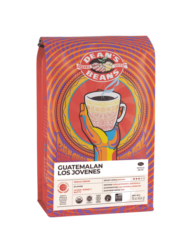 The front of a 16 ounce bag of Dean’s Bean’s Organic coffee labeled “Guatemalan Los Jovenes”