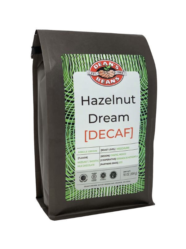 The front of a 16 ounce bag of Dean’s Bean’s Organic coffee labeled “Hazelnut Dream Decaf”