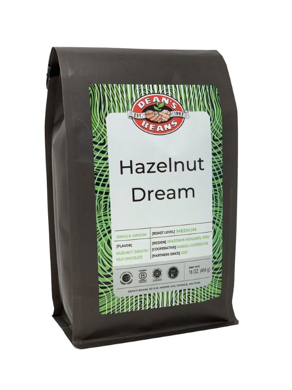 The front of a 16 ounce bag of Dean’s Bean’s Organic coffee labeled “Hazelnut Dream”