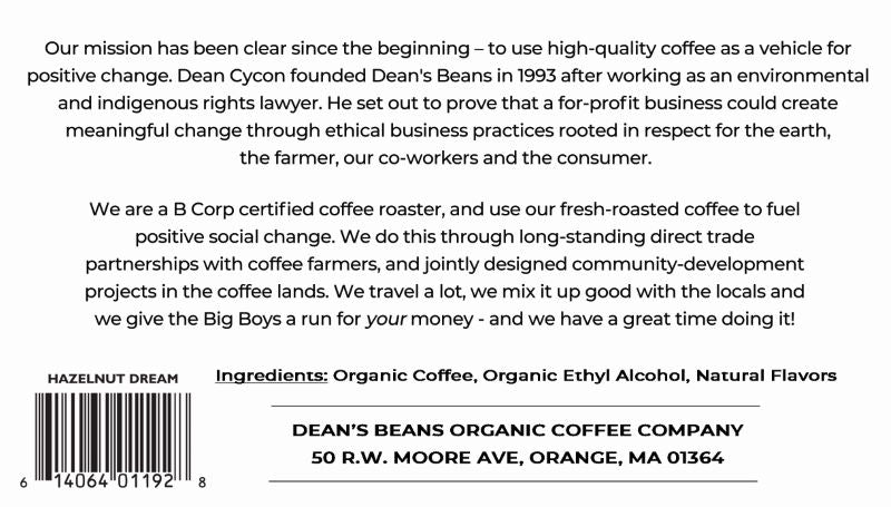 A label explaining that the hazelnut coffee contains no nuts and is flavored with an organic ethyl alcohol natural flavor 