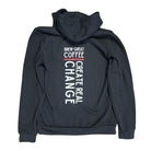 the back of a black hooded sweatshirt  with text that reads "brew great coffee create real change"