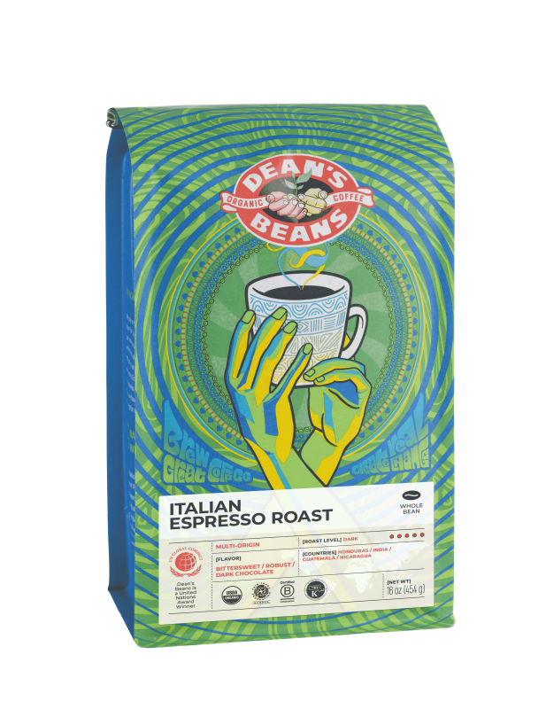 The front of a 16 ounce bag of Dean’s Bean’s Organic coffee labeled “Italian Espresso Roast"
